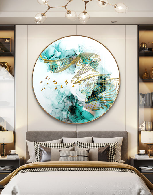Round golden birds flying in green waves crystal resin