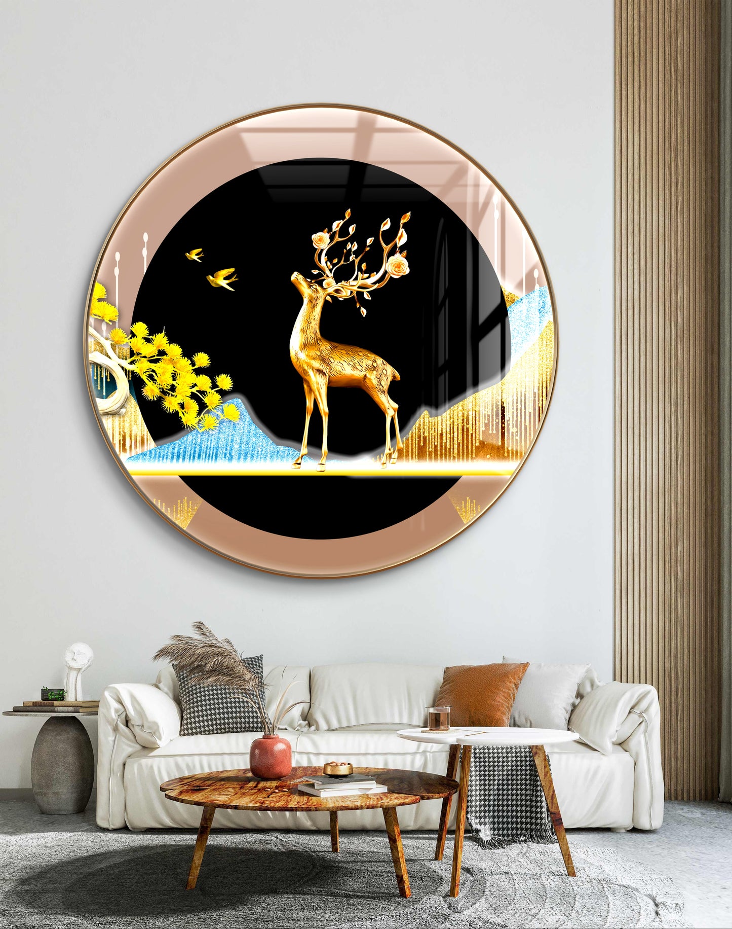 Round gold aesthetic deer with mountains crystal resin
