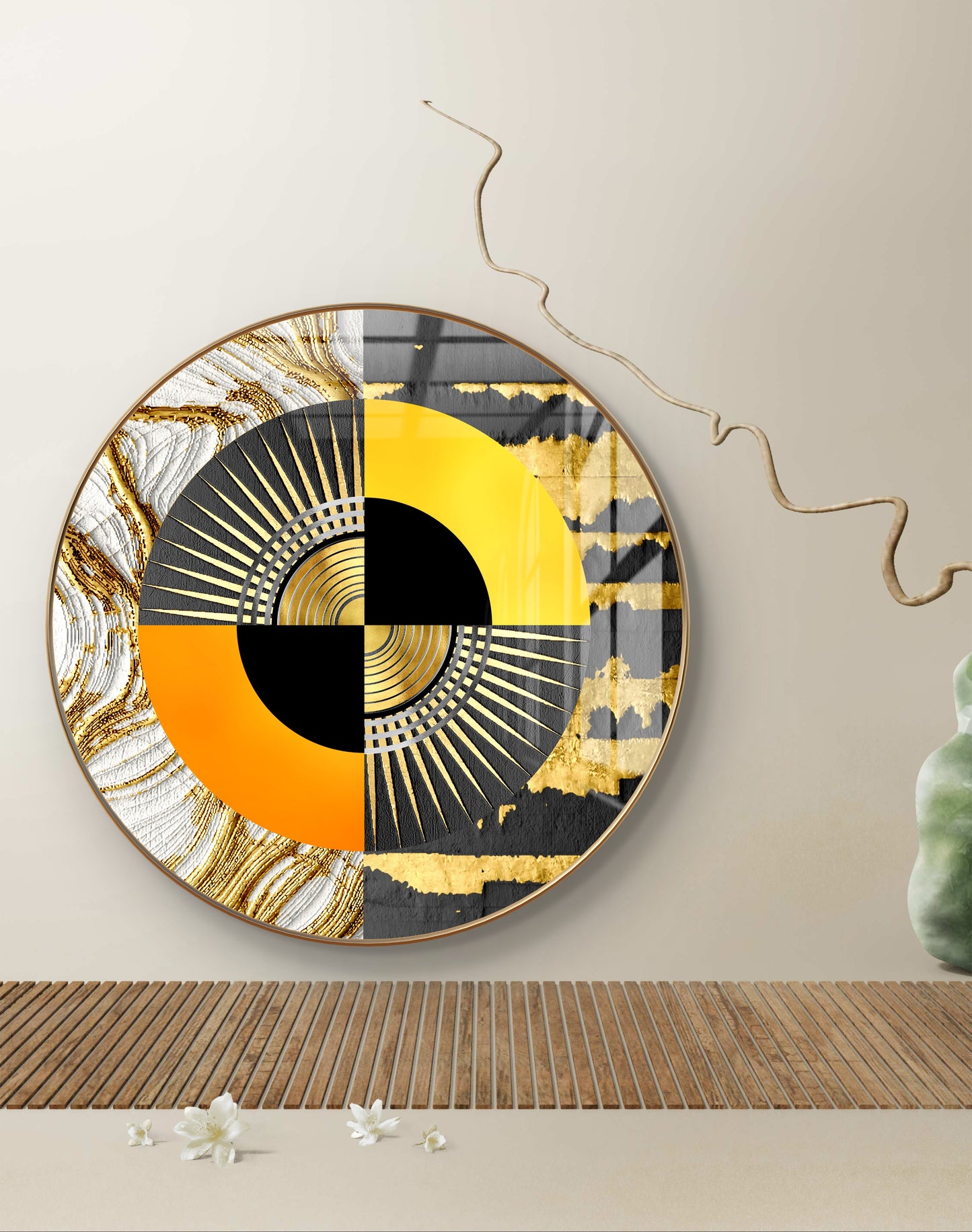 Round orange & black abstract art crystal resin