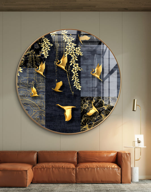 Round golden birds and leaves crystal resin