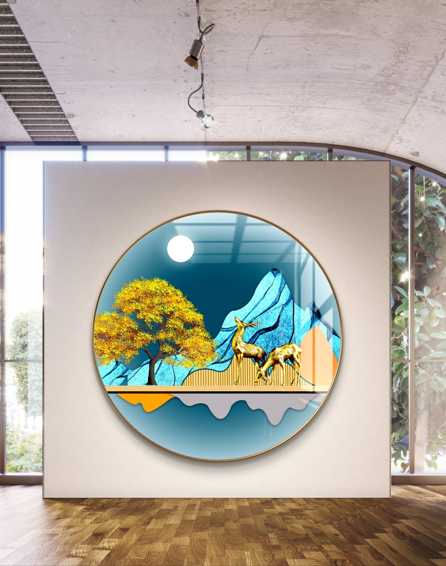 Round two gold deer with moon and mountains in blue background crystal resin