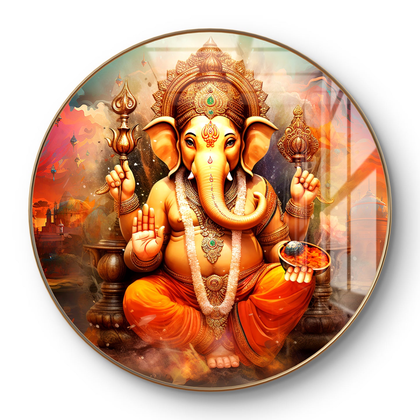 Round orange ganpati painting crystal resin