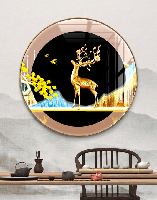 Round gold aesthetic deer with mountains crystal resin