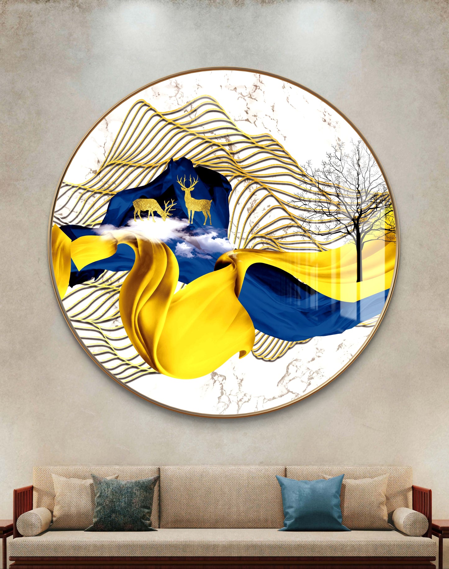 Round golden blue waves with deer crystal resin