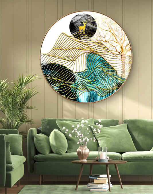 Round golden waves & deer crystal resin