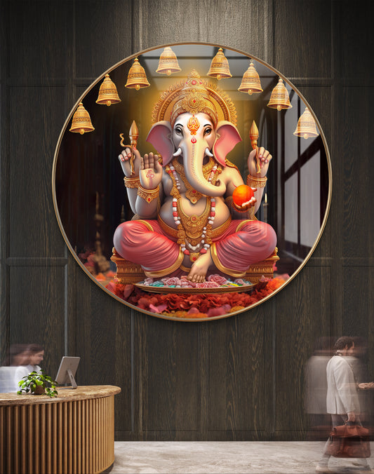Round 3D ganpati statue with bells crystal resin