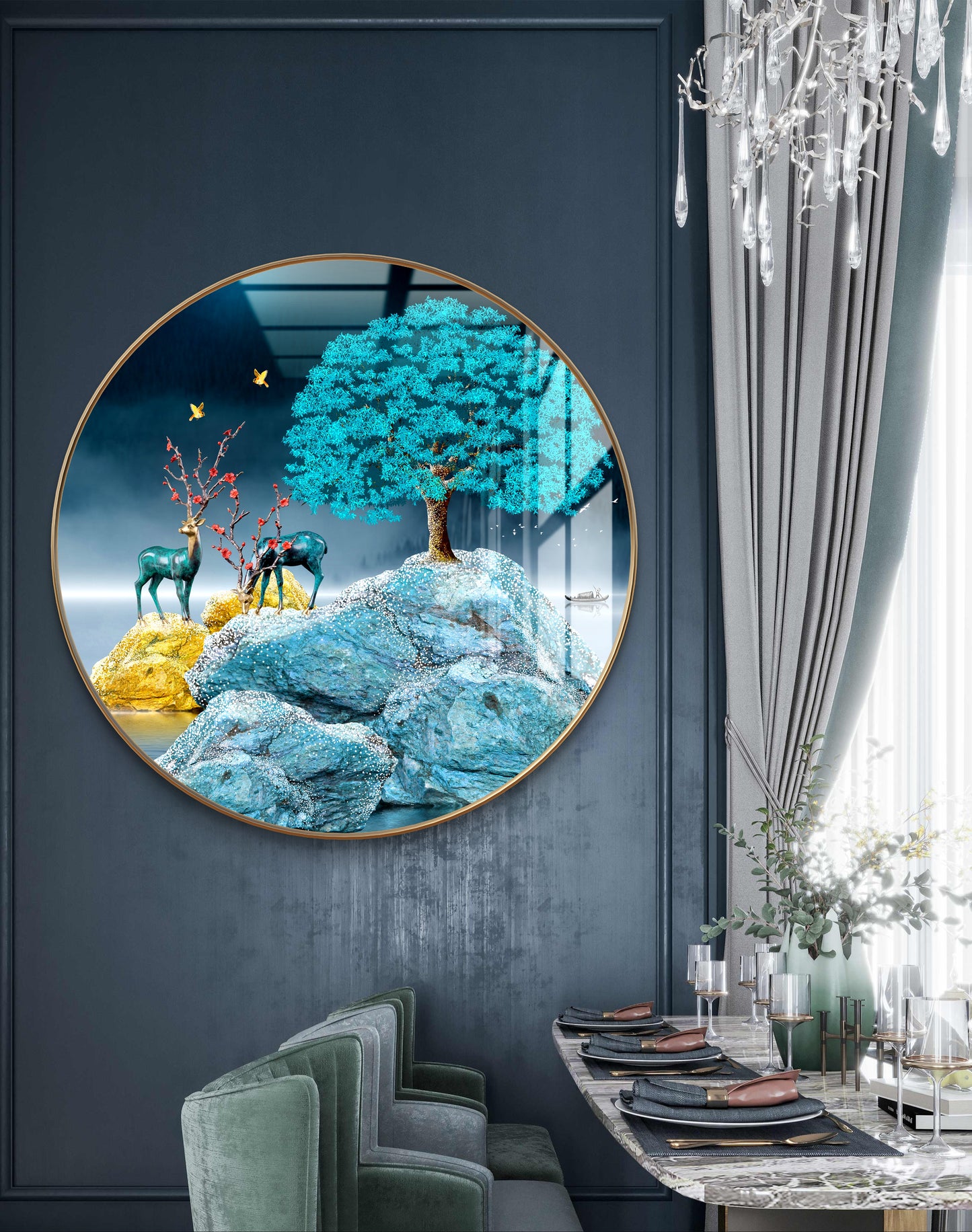 Round blue deer & tree aesthetic natural art crystal resin