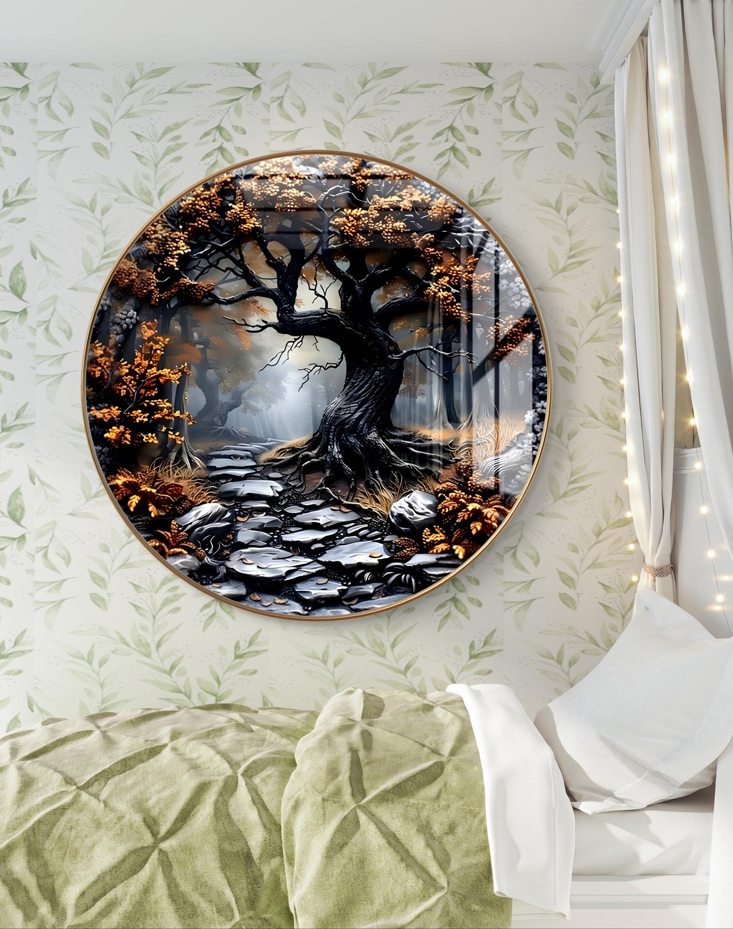Round 3D golden tree crystal resin