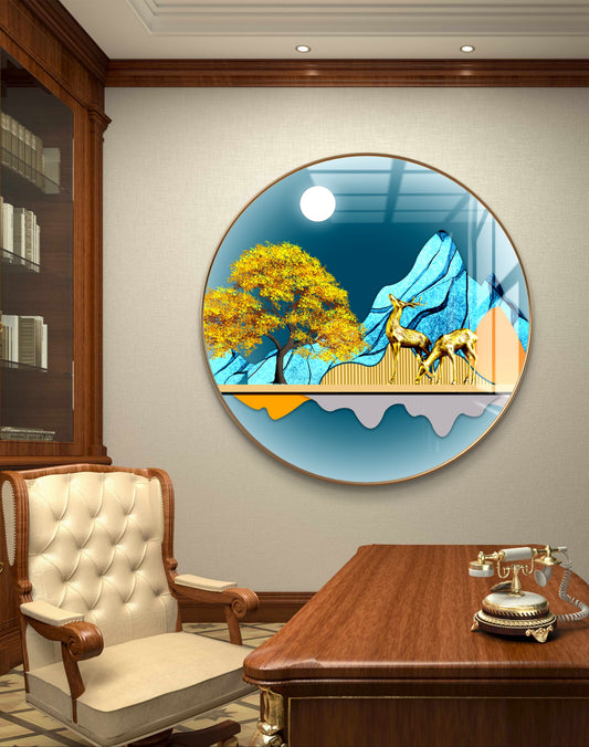 Round two gold deer with moon and mountains in blue background crystal resin