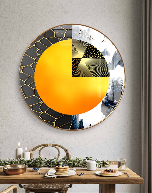 Round orange black and gold abstract art crystal resin