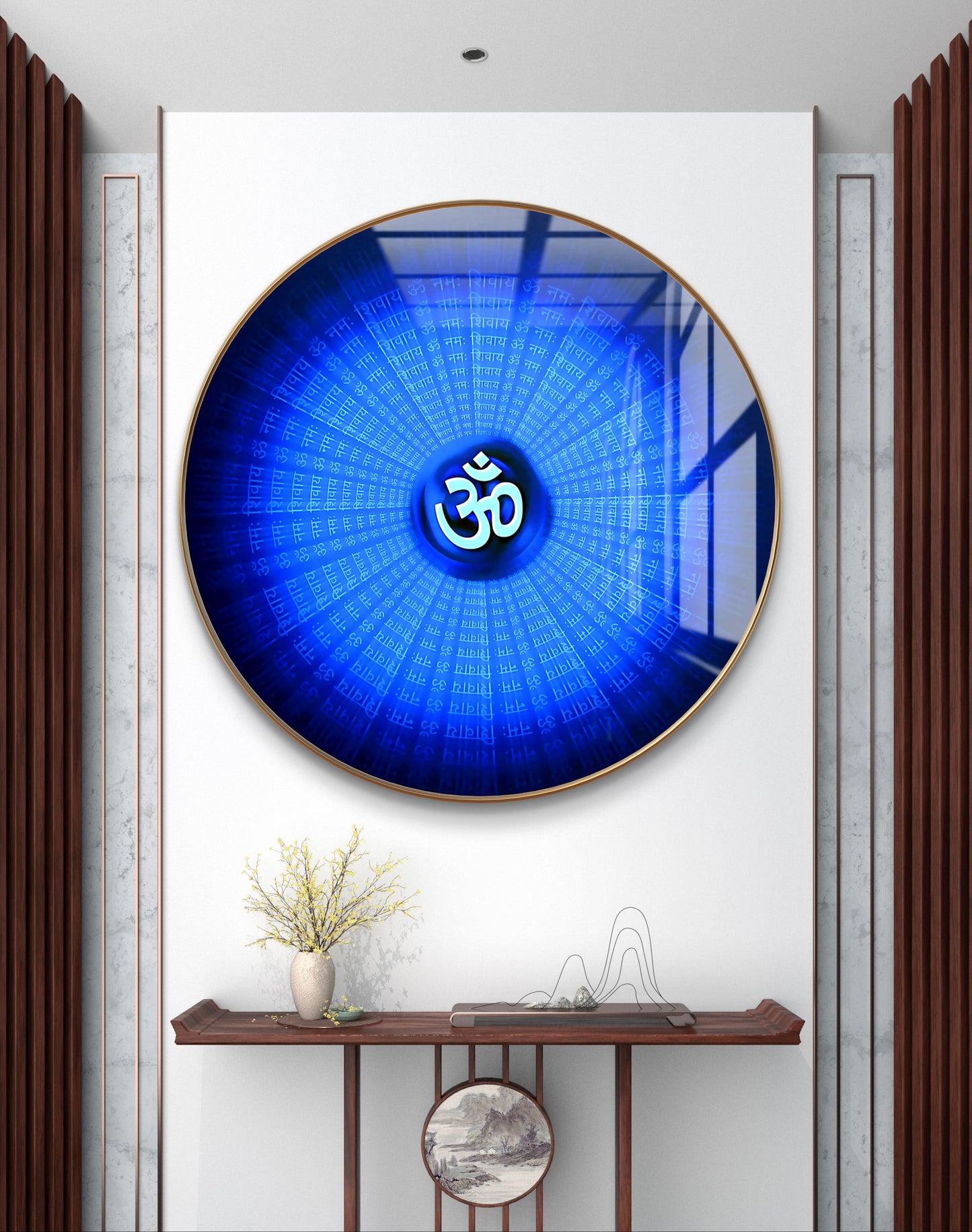 Round blue om for meditation crystal resin