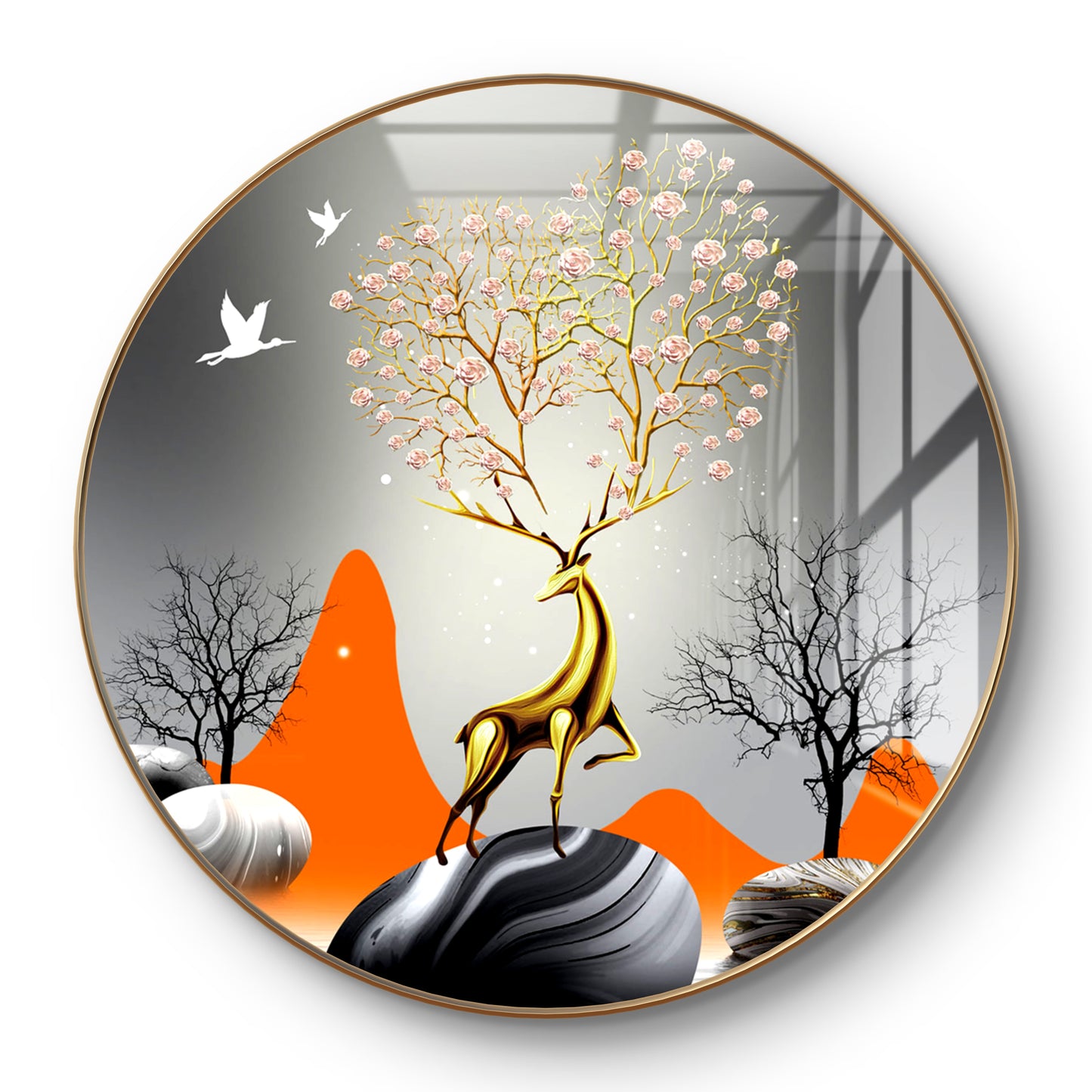 Round 3D gold deer with white birds crystal resin