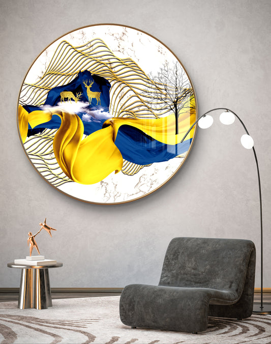 Round golden blue waves with deer crystal resin