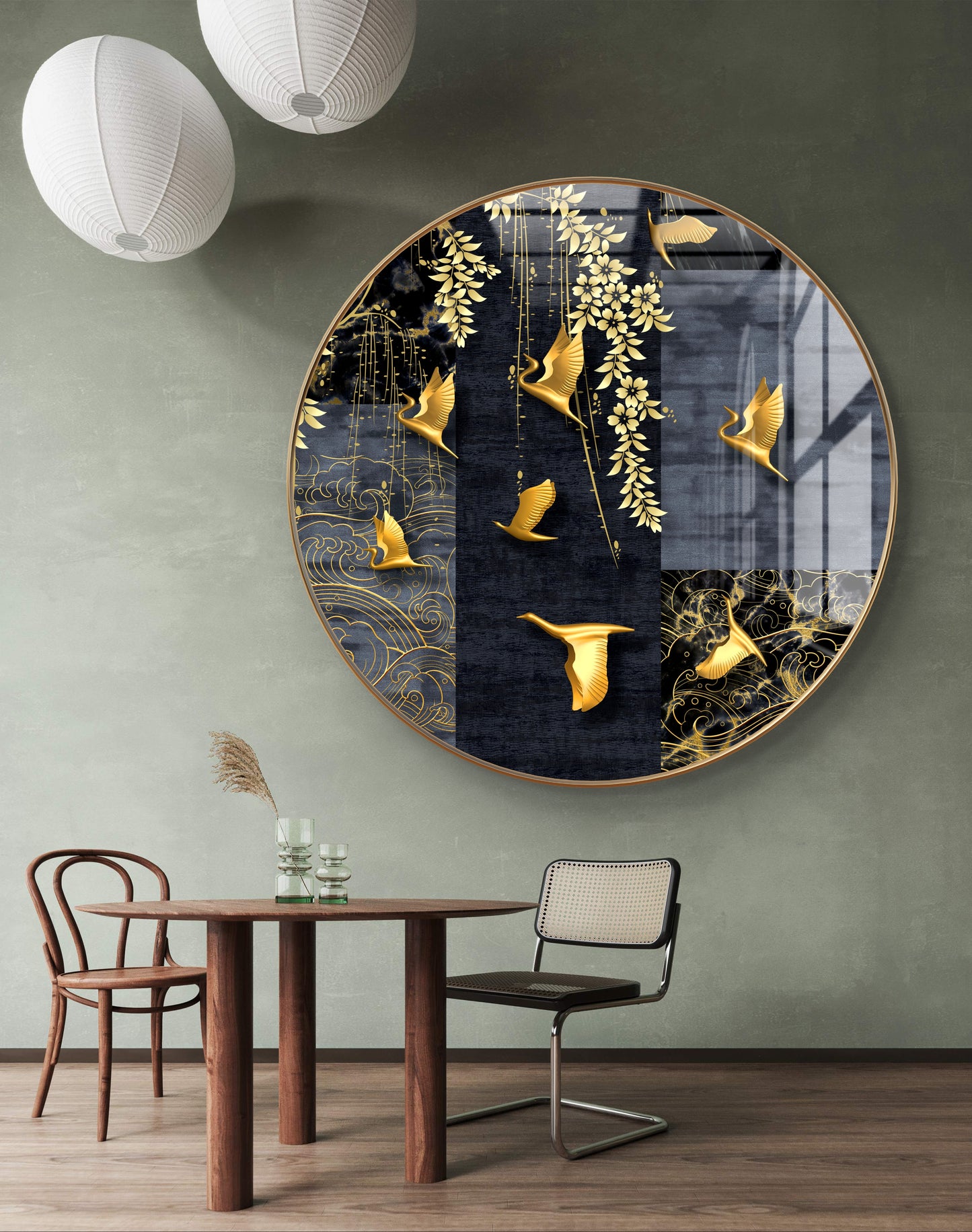 Round golden birds and leaves crystal resin