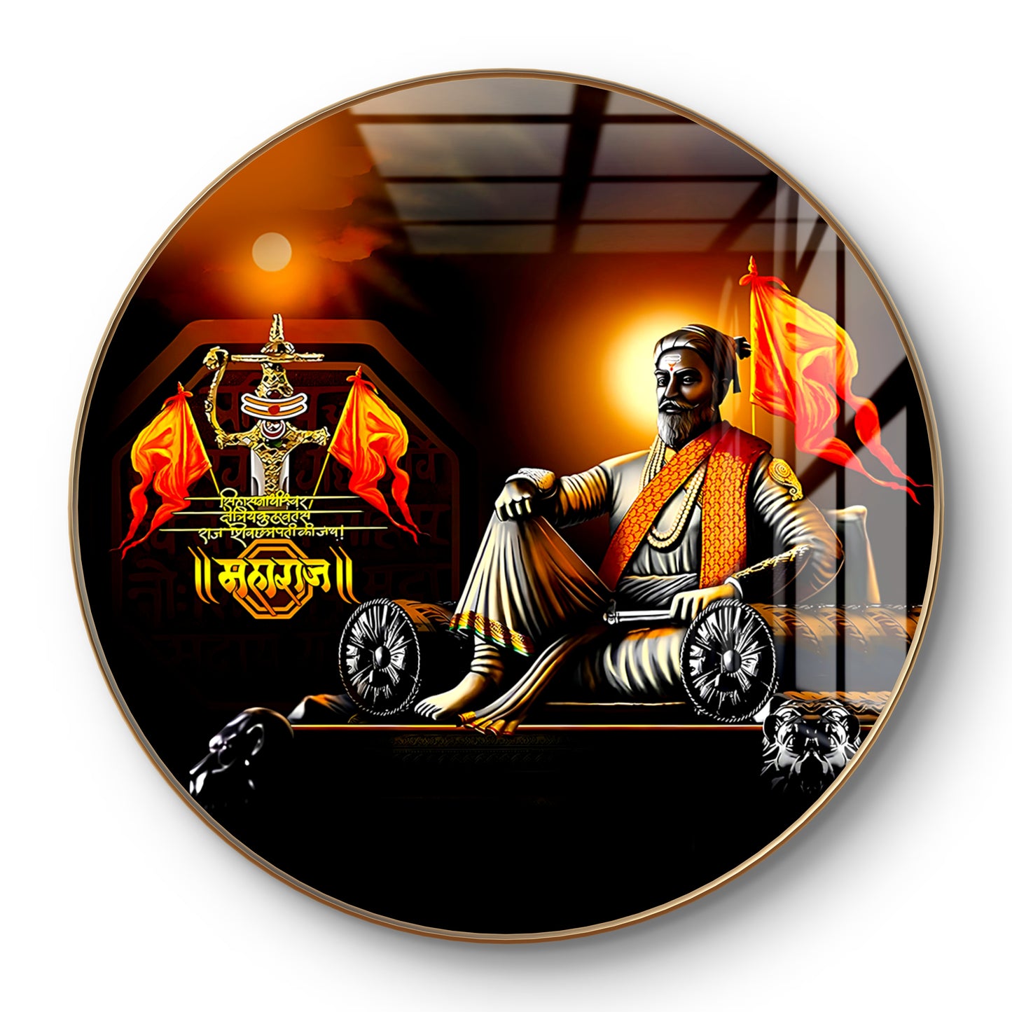 Round 3D cooper Shivaji statue painting crystal resin
