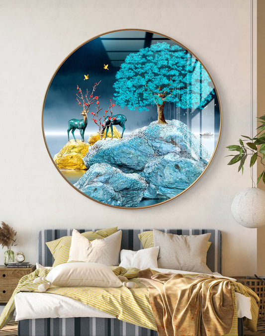 Round blue deer & tree aesthetic natural art crystal resin