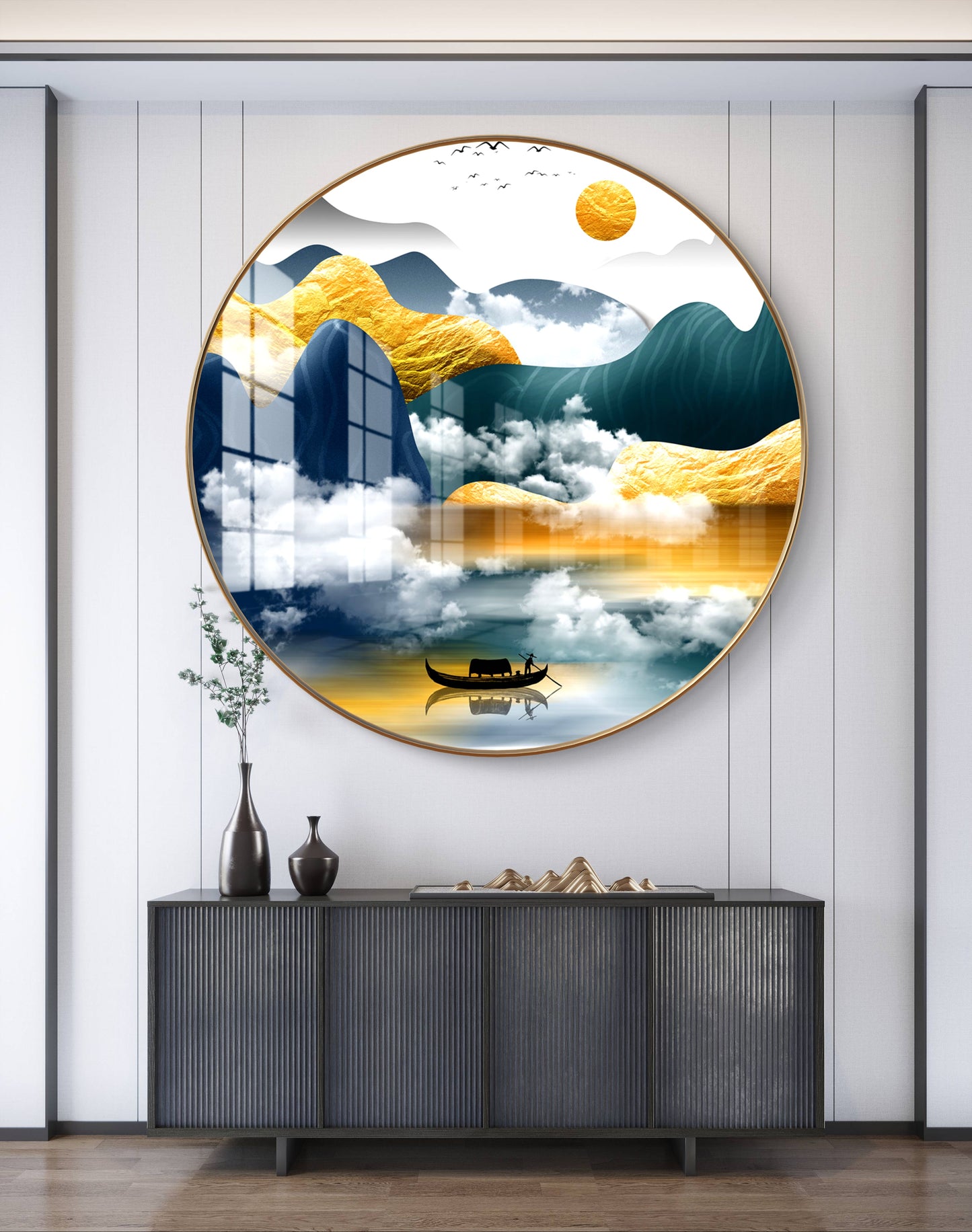 Round yellow & blue mountains landscape crystal resin