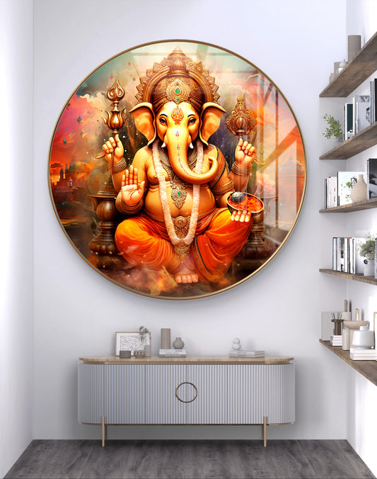 Round orange ganpati painting crystal resin