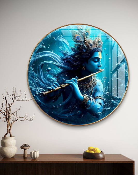 Round Krishna playing flute in ocean blue shades crystal resin